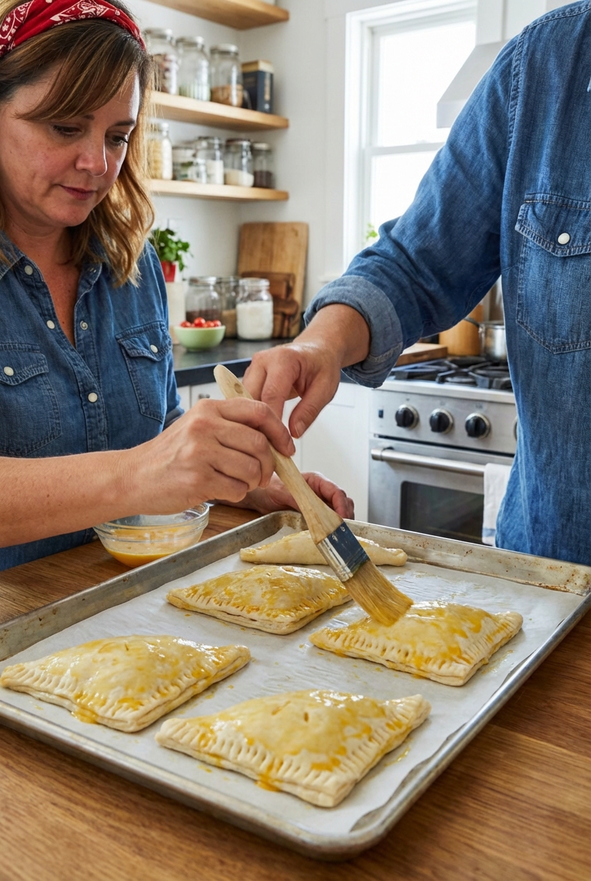 A real photo of a hand brushing egg wash onto unbaked puff pastry turnovers on a parchment lined baking sheet