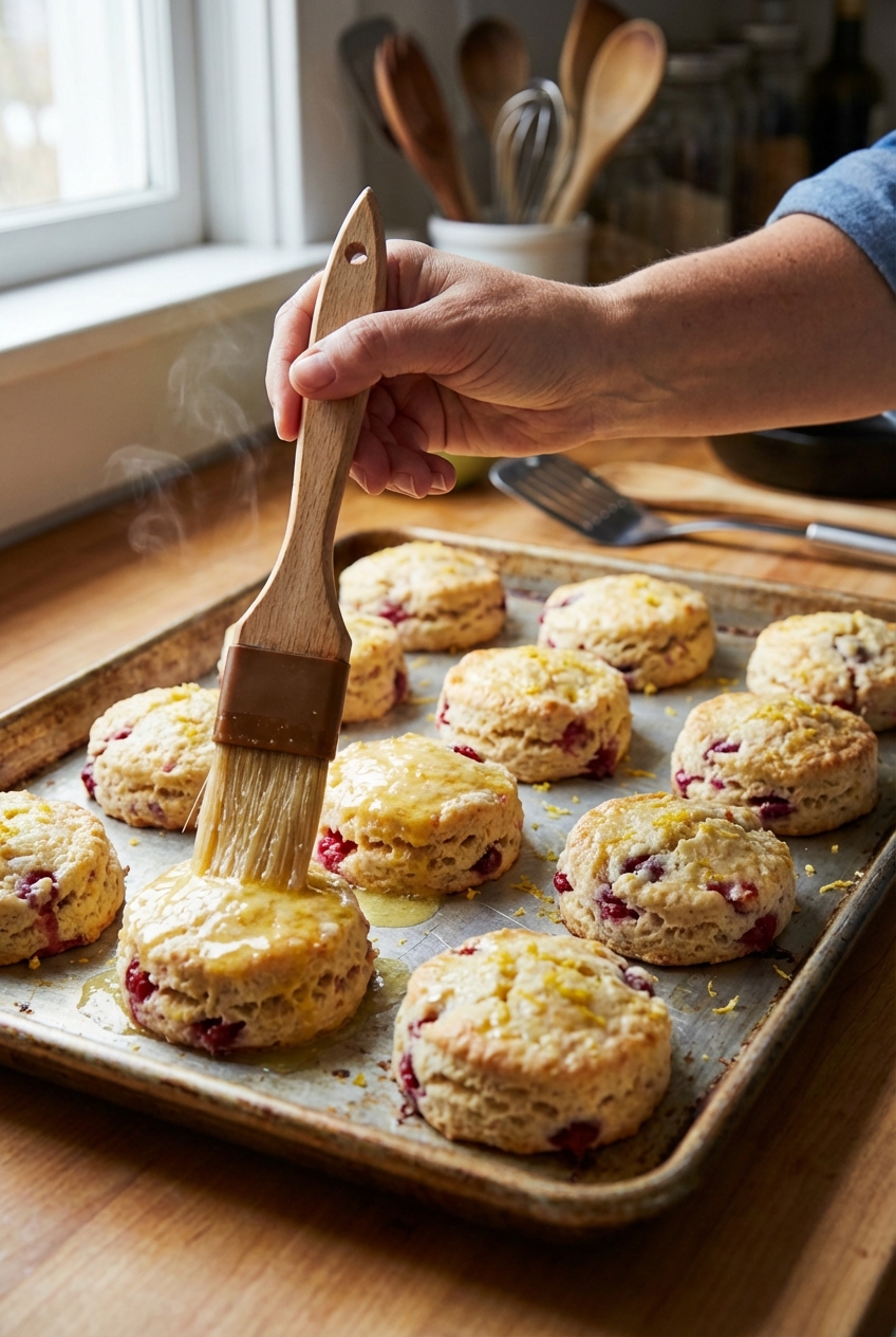 A real photo of a hand brushing melted butter over freshly baked lemon berry biscuits on a metal sheet pan