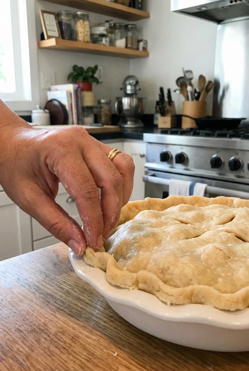 A real photo of a hand crimping the edge of a pie crust in a ceramic pie dish