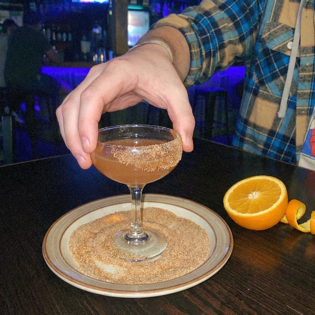 A real photo of a hand dipping a cocktail glass rim into cinnamon sugar next to a small plate and a cut orange