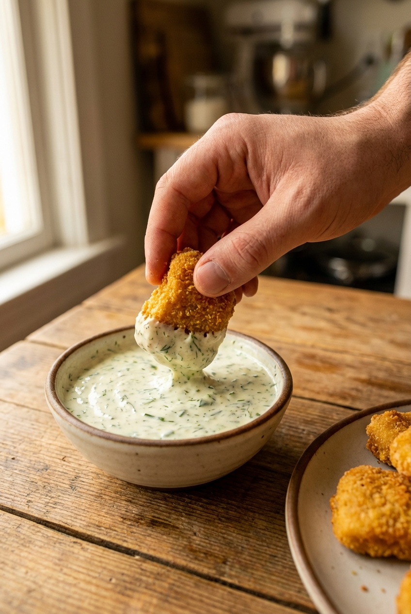 A real photo of a hand dipping a crispy chicken nugget into a pale green herby yogurt sauce