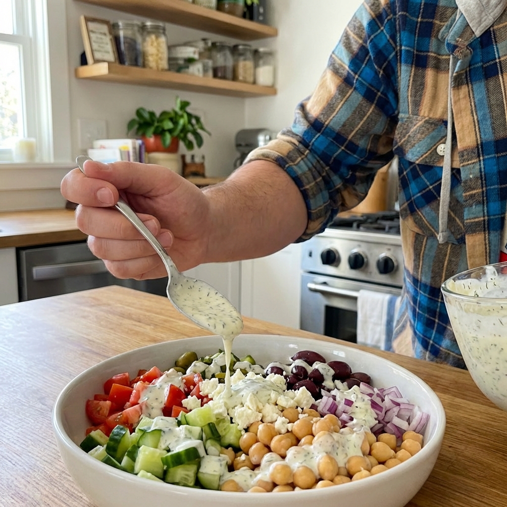 A real photo of a hand drizzling lemon herb yogurt sauce over a Mediterranean chickpea bowl