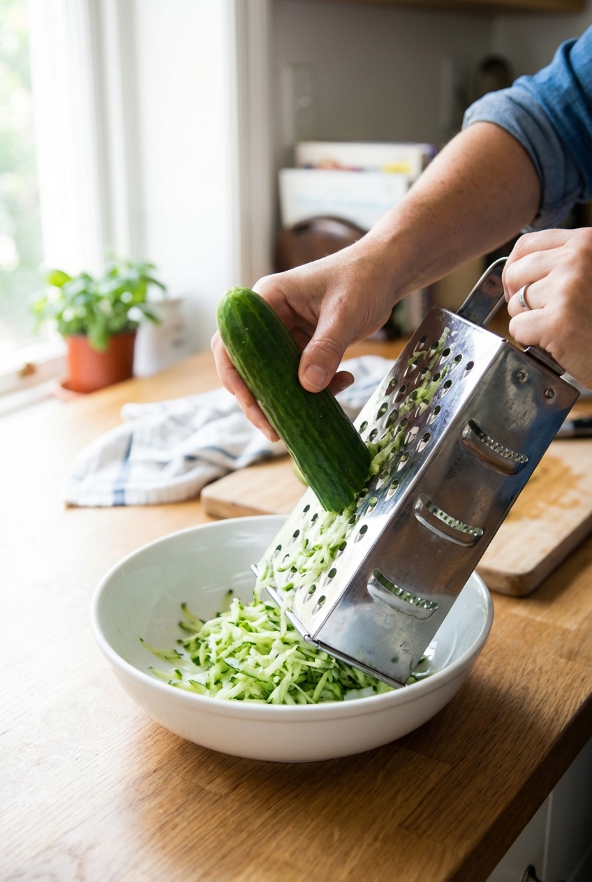 A real photo of a hand grating a cucumber on a box grater over a bowl on a kitchen counter in daylight