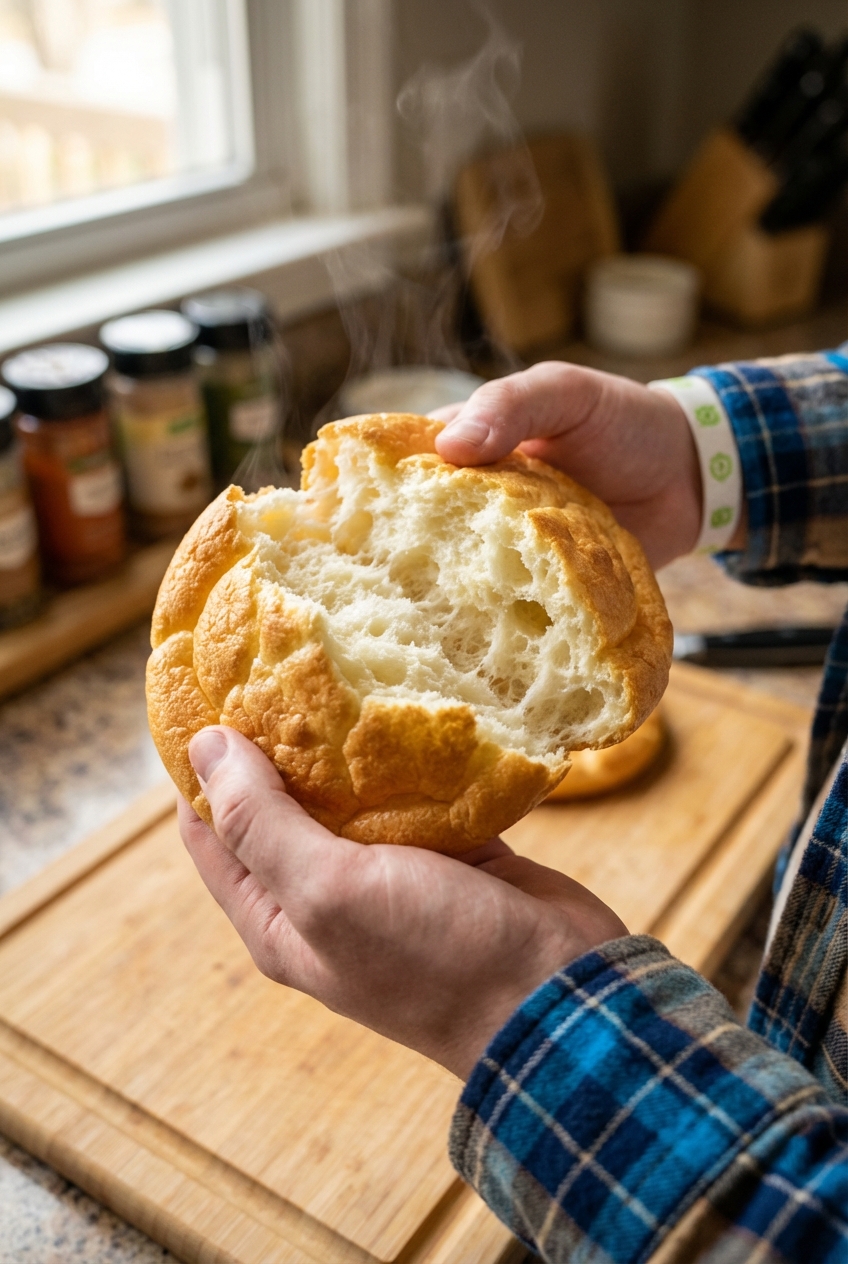 A real photo of a hand holding a fluffy piece of cloud bread torn open to show the airy interior