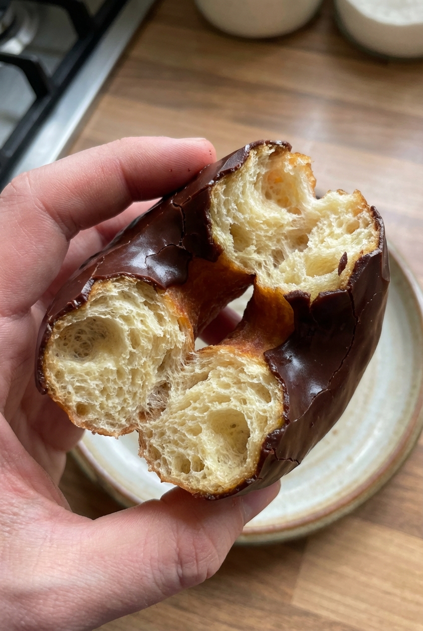 A real photo of a hand holding a torn-open donut showing an airy, fluffy interior with chocolate glaze on top