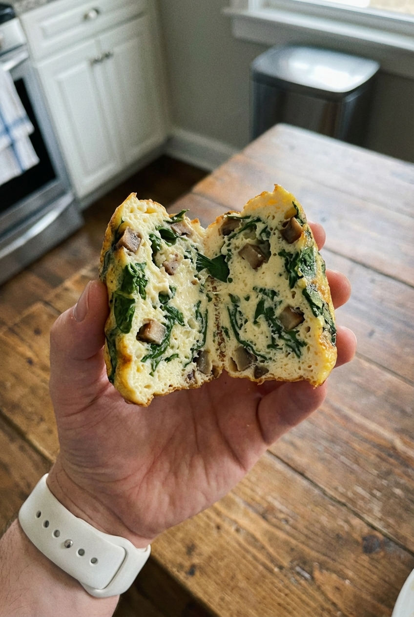 A real photo of a hand holding one egg bite split open to show the creamy interior with mushrooms and spinach