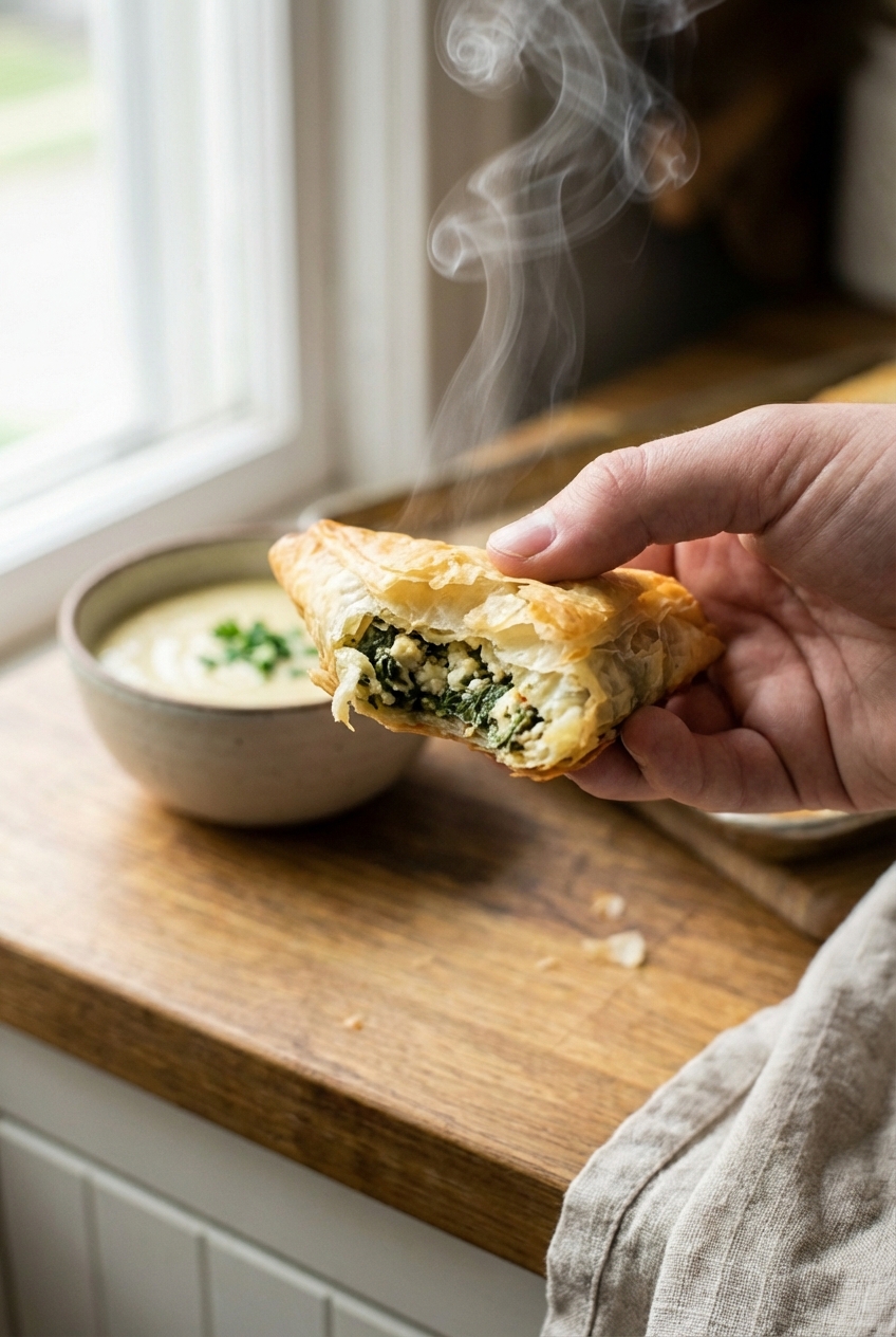 A real photo of a hand lifting one baked phyllo pocket showing a steamy vegetable filling inside