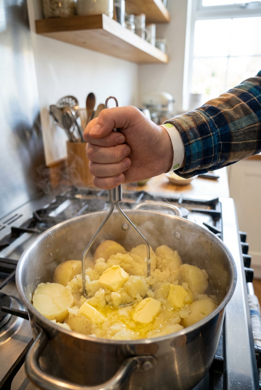 A real photo of a hand mashing potatoes in a pot with butter melting in