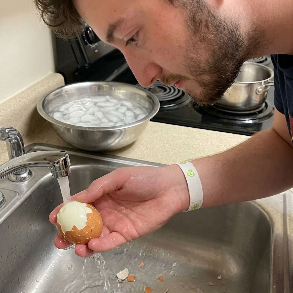 A real photo of a hand peeling a soft-boiled egg under gently running water with the shell cracked all over, an ice bath bowl and a small pot in the background