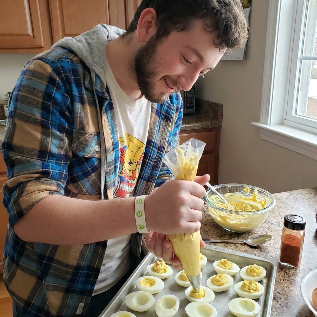 A real photo of a hand piping creamy deviled egg filling into halved egg whites on a baking sheet in a home kitchen