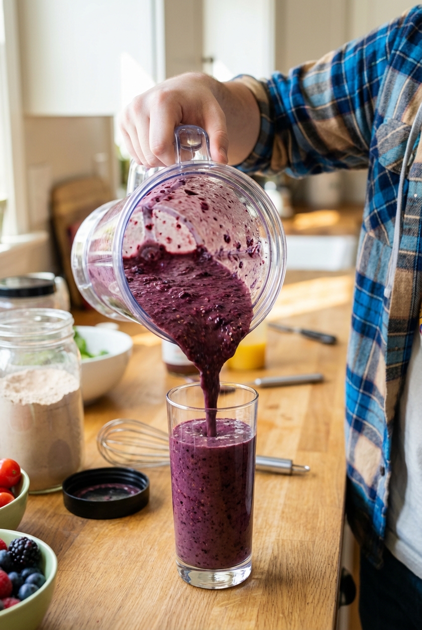 A real photo of a hand pouring a thick berry protein shake from a blender into a glass on a kitchen counter