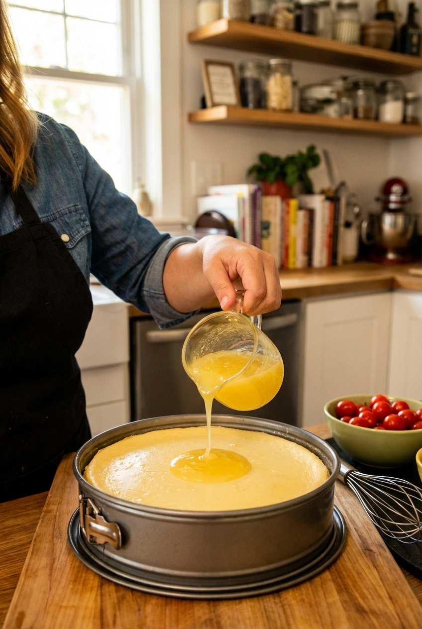 A real photo of a hand pouring glossy lemon topping onto a fully chilled cheesecake in a springform pan on a kitchen counter