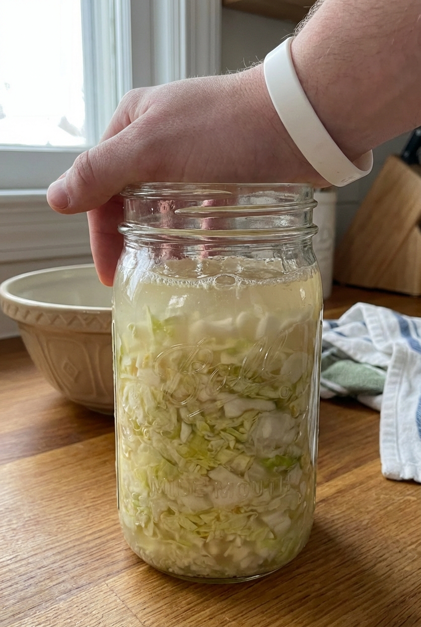 A real photo of a hand pressing sauerkraut down inside a wide-mouth glass jar with brine rising to cover the cabbage