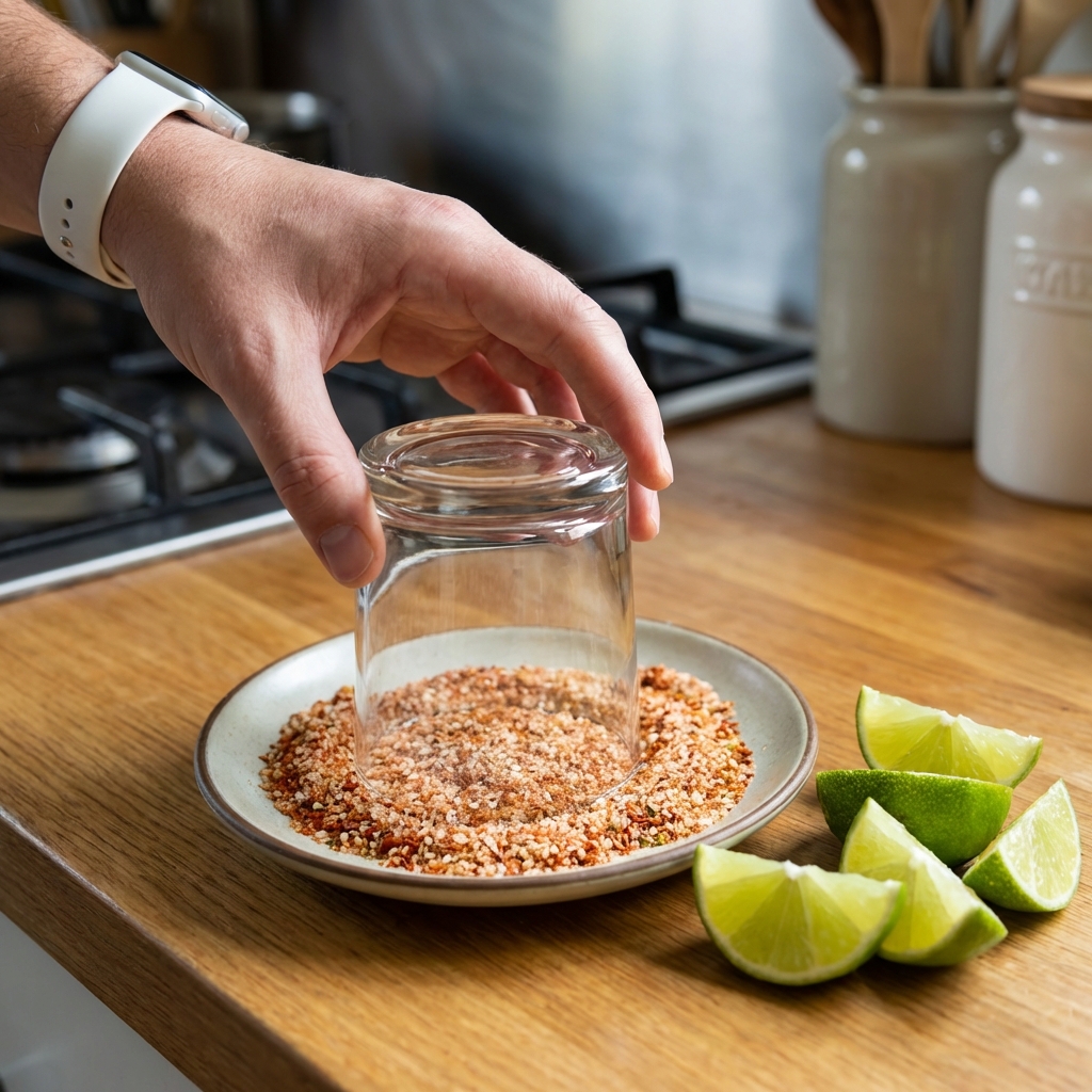 A real photo of a hand rimming a rocks glass with chili-lime salt on a small plate next to lime wedges on a kitchen counter