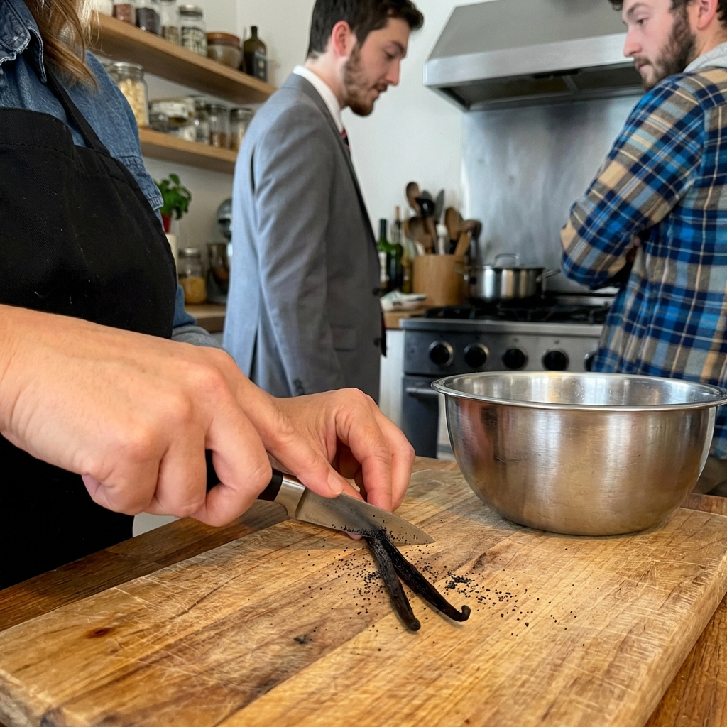 A real photo of a hand scraping vanilla bean seeds from a split vanilla pod onto a cutting board next to a mixing bowl