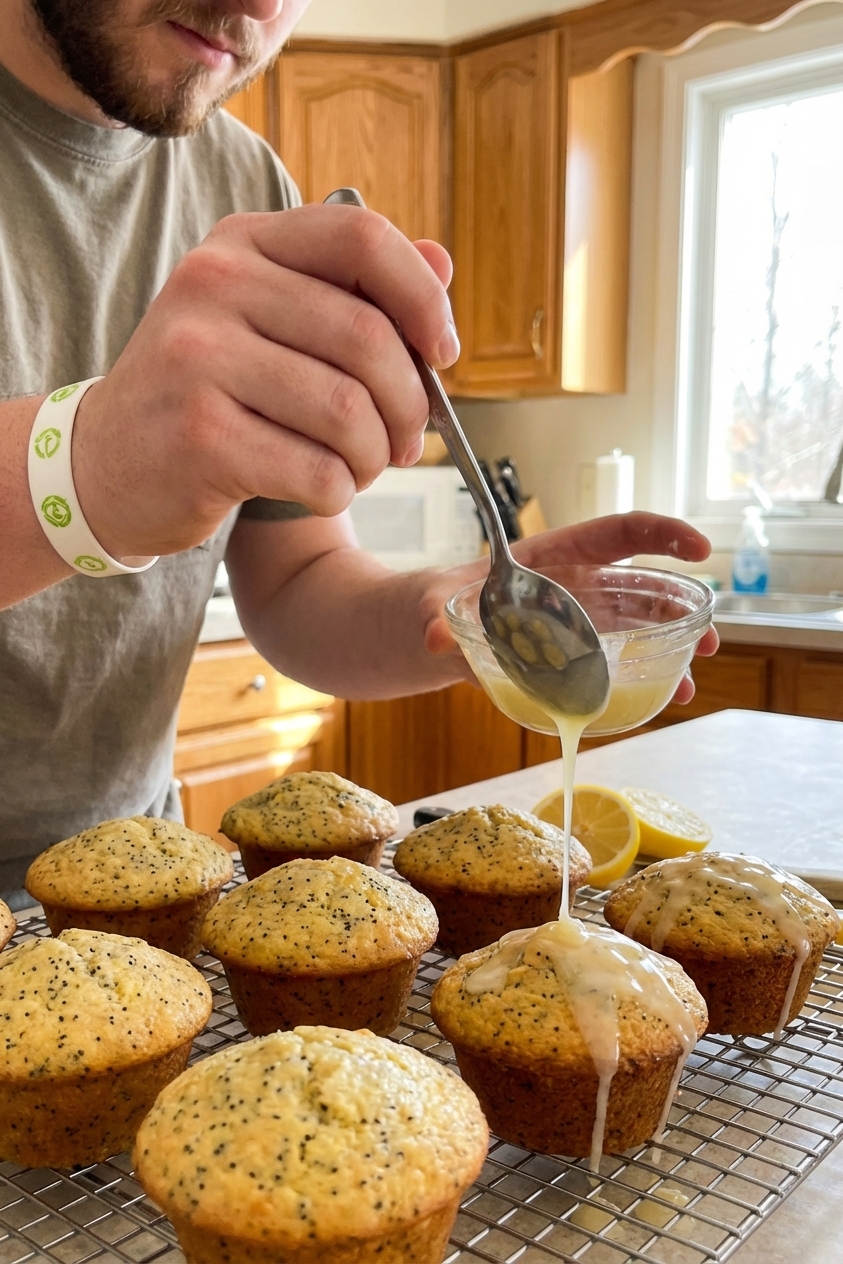 A real photo of a hand spooning lemon glaze over lemon poppy seed muffins on a cooling rack