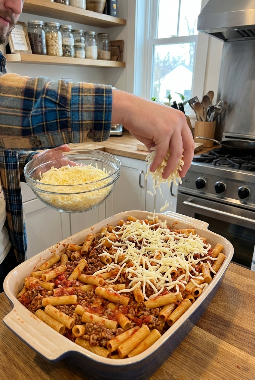 A real photo of a hand sprinkling shredded mozzarella over assembled ziti in a baking dish before baking