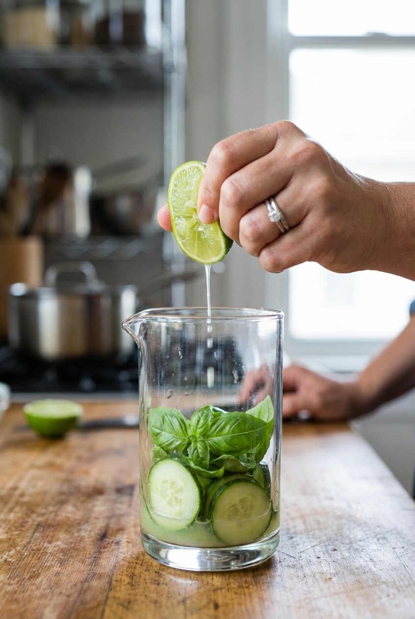 A real photo of a hand squeezing a lime over a mixing glass with cucumber slices and basil leaves