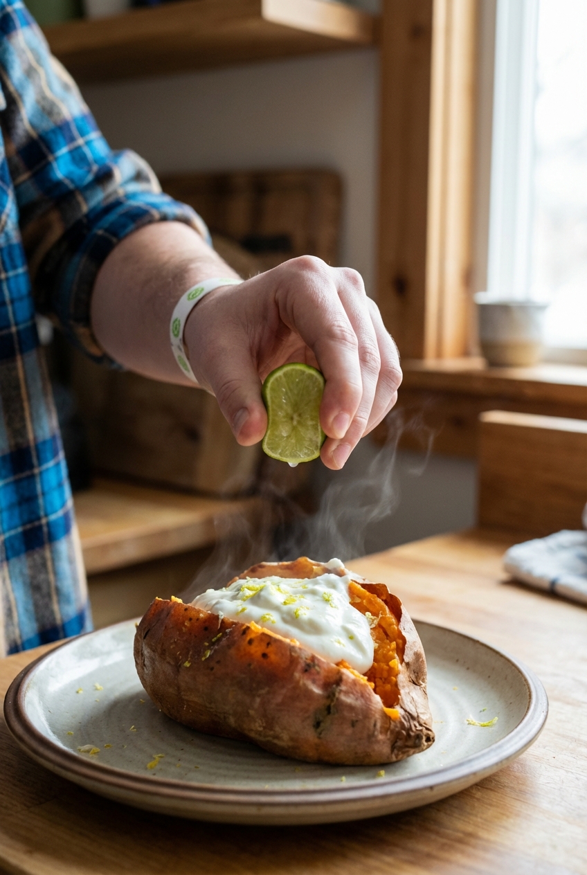 A real photo of a hand squeezing a lime over an open baked sweet potato on a plate with a spoonful of citrus yogurt sauce