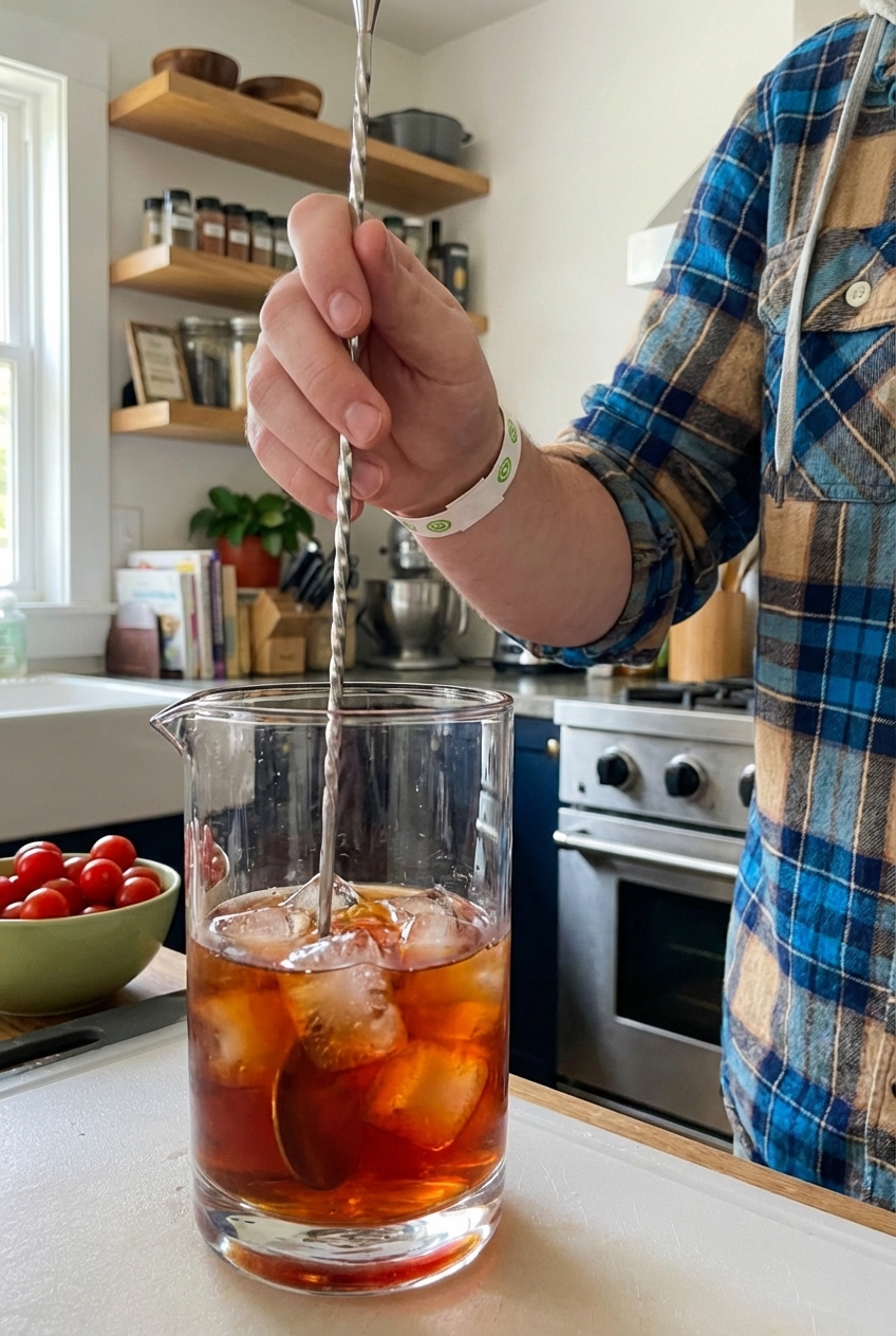A real photo of a hand stirring a Manhattan in a mixing glass with ice and a long bar spoon on a kitchen counter