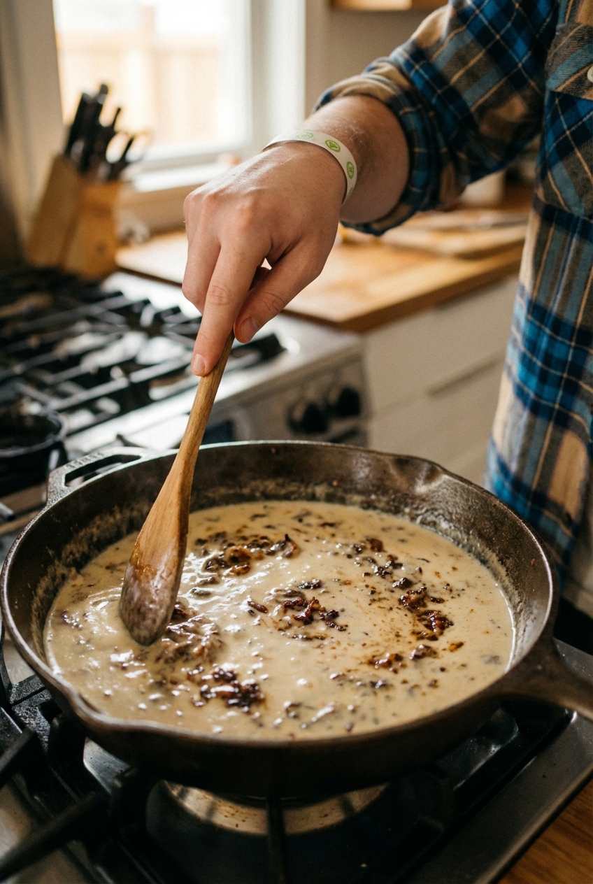 A real photo of a hand stirring a light creamy sauce in a skillet with browned bits incorporated