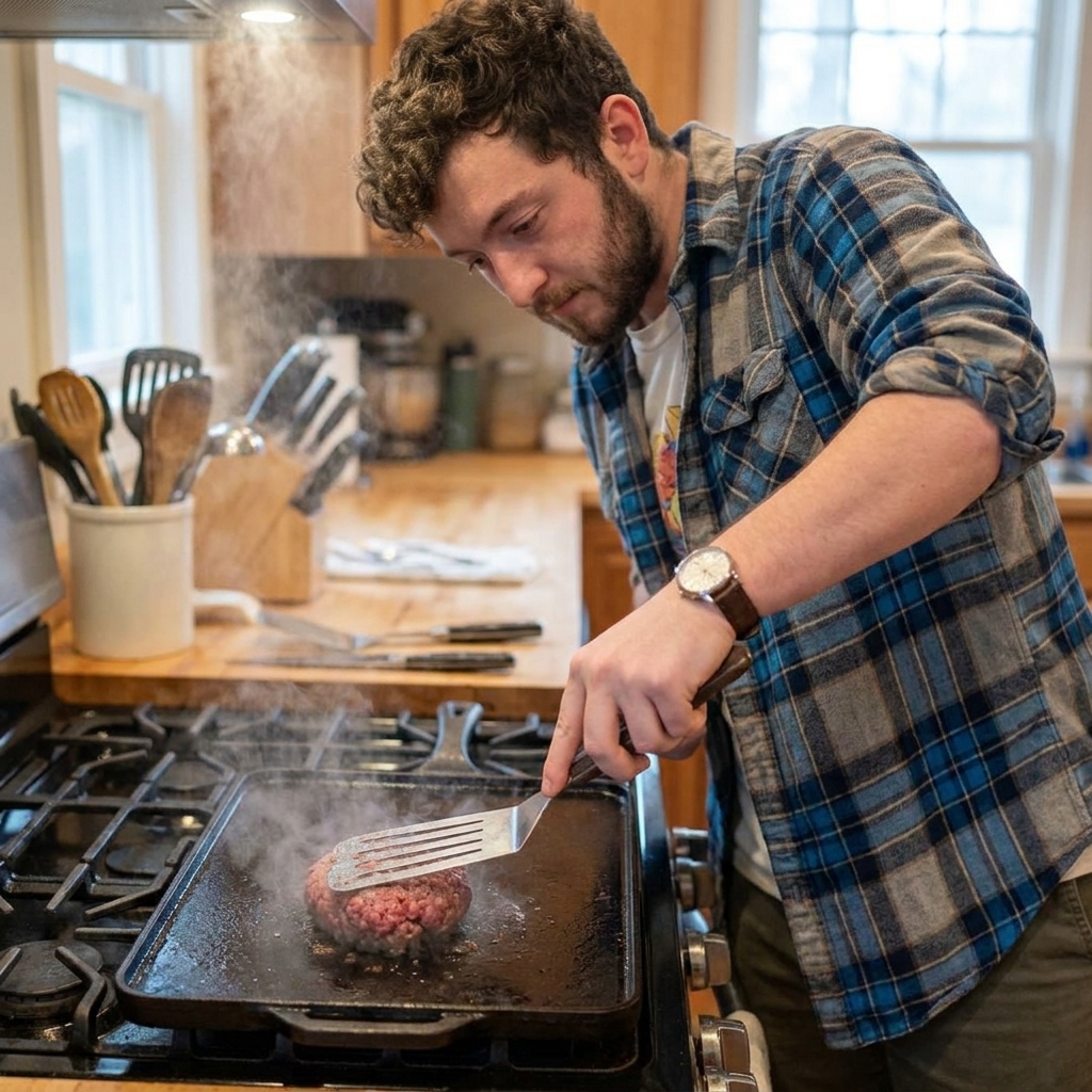 A real photo of a hand using a metal spatula to smash a ball of ground beef on a hot cast iron griddle with steam rising, kitchen scene