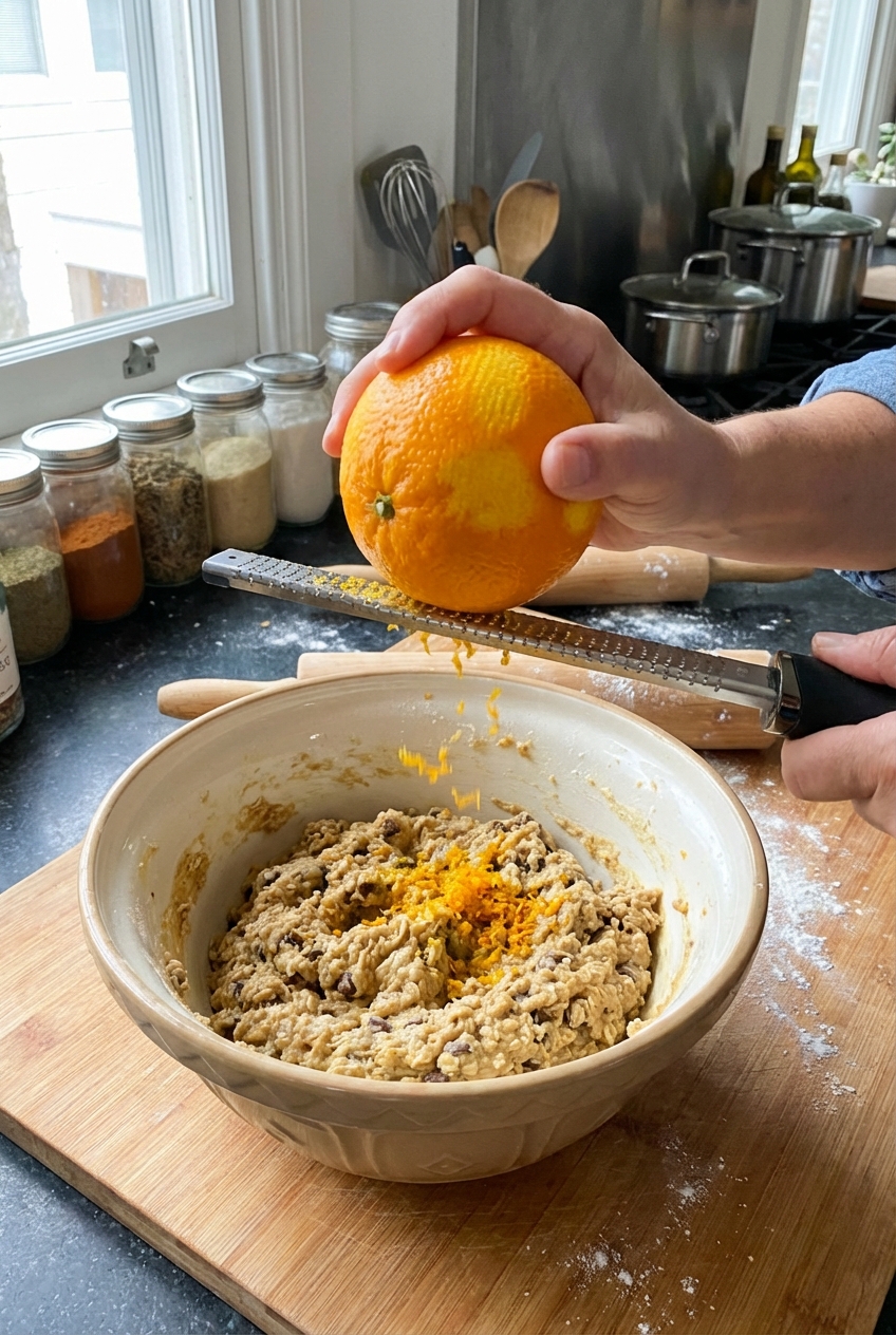 A real photo of a hand zesting an orange over a mixing bowl filled with cookie dough on a kitchen counter