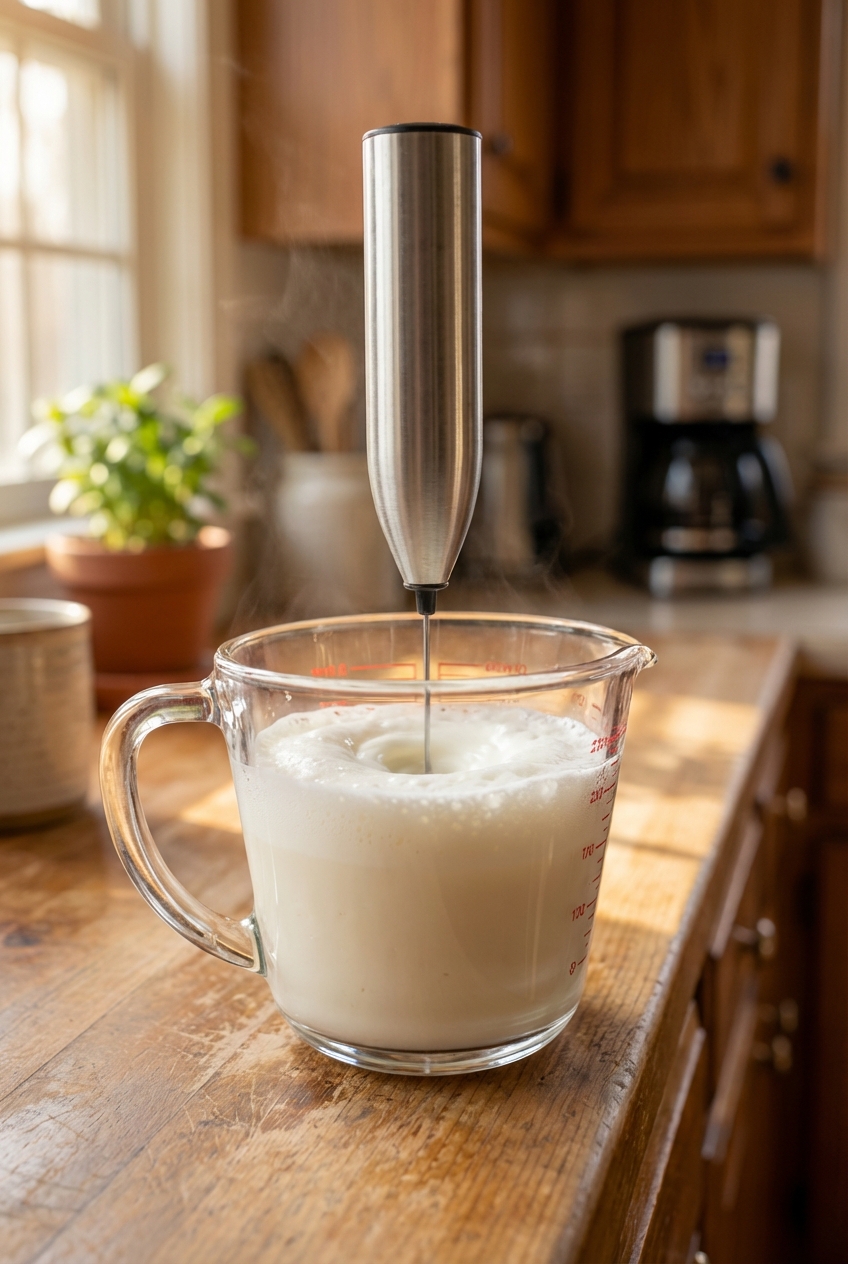 A real photo of a handheld milk frother whisking creamy foam in a clear measuring cup on a countertop