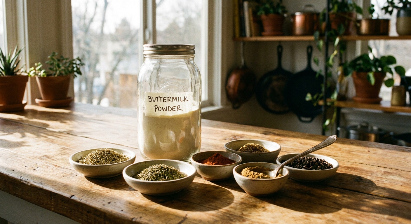 A real photo of a jar of buttermilk powder on a kitchen counter next to small bowls of dried herbs and spices, warm natural light