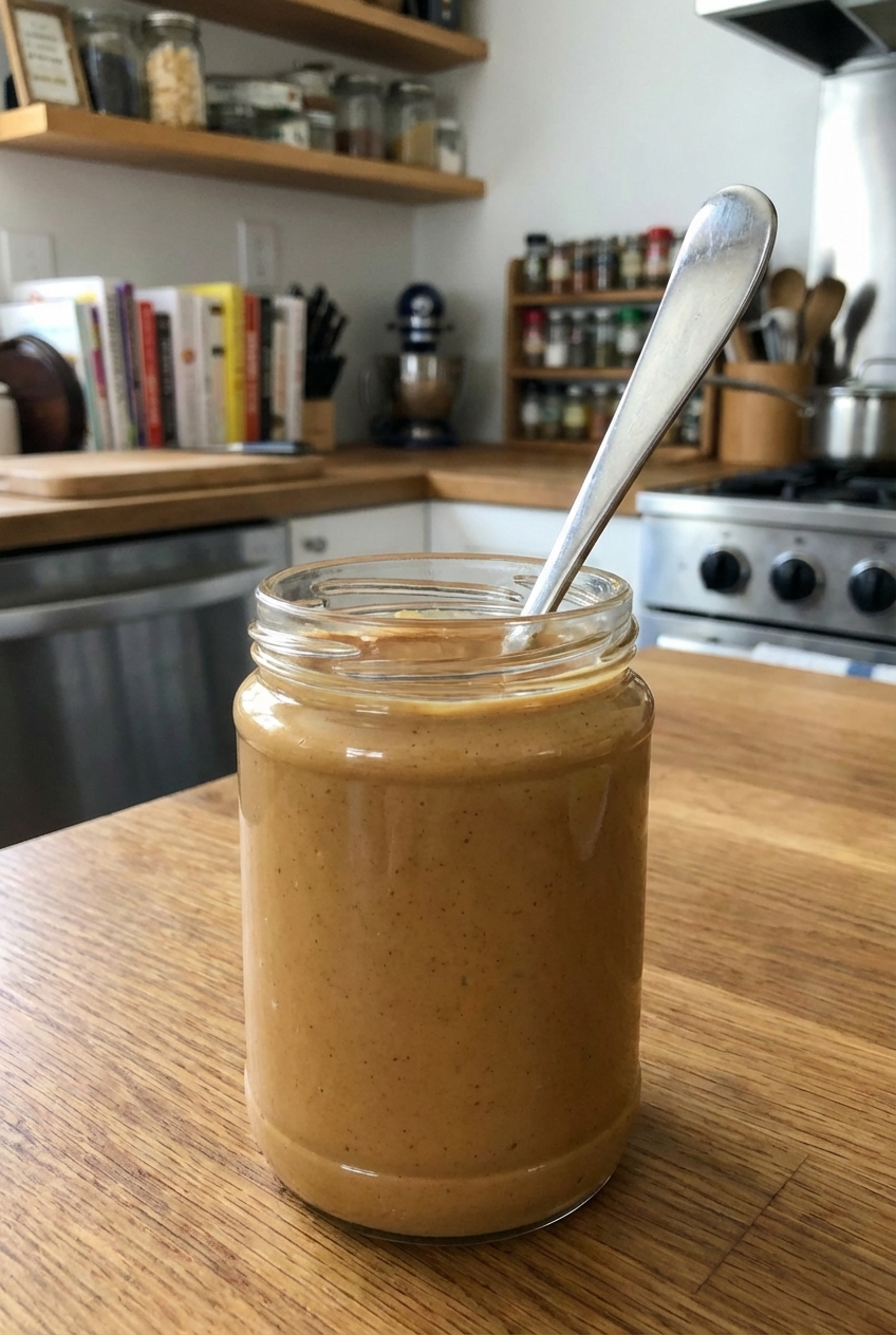 A real photo of a jar of peanut butter with a spoon resting inside on a countertop