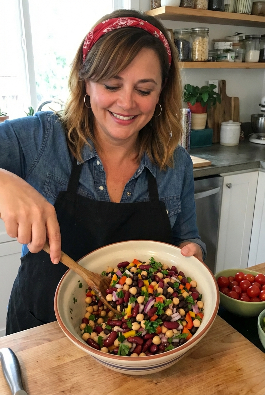 A real photo of a large bowl of bean salad being tossed with a wooden spoon