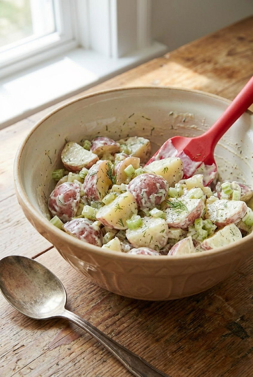 A real photo of a large mixing bowl with potato salad being folded with a rubber spatula, showing chunks of potato, dill, and celery