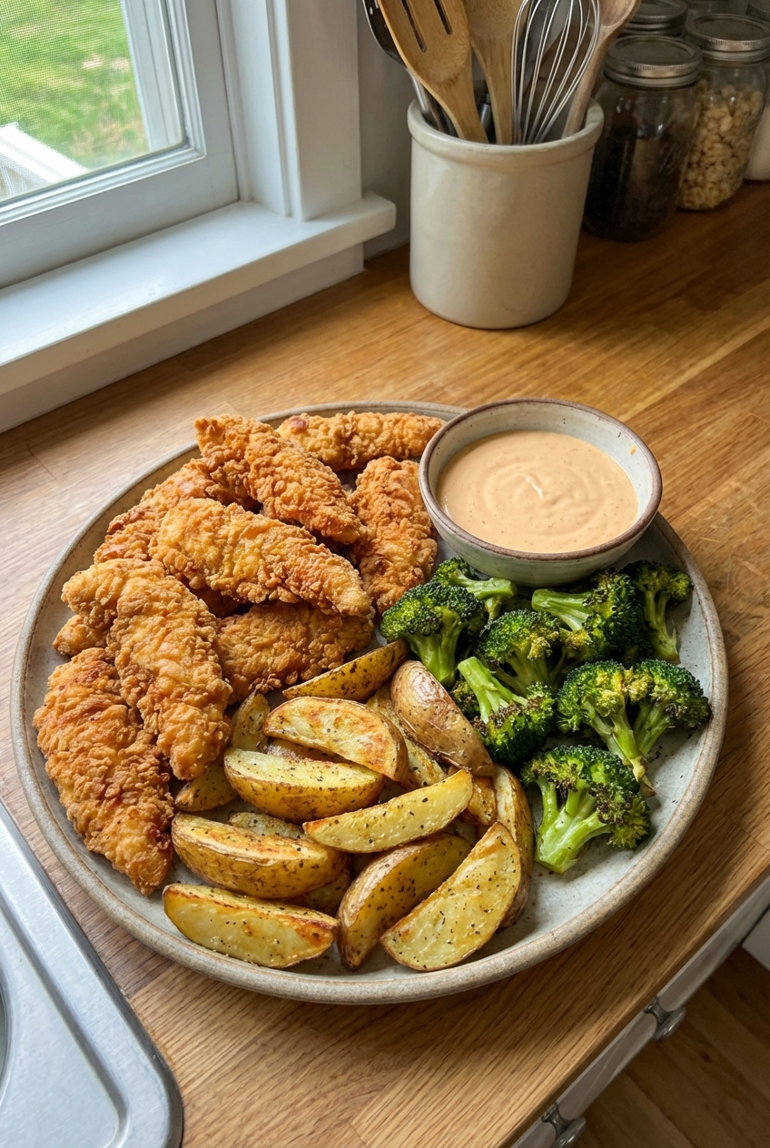 A real photo of a large platter holding air fryer chicken tenders, crispy potato wedges, and broccoli with a small bowl of dipping sauce on a kitchen counter