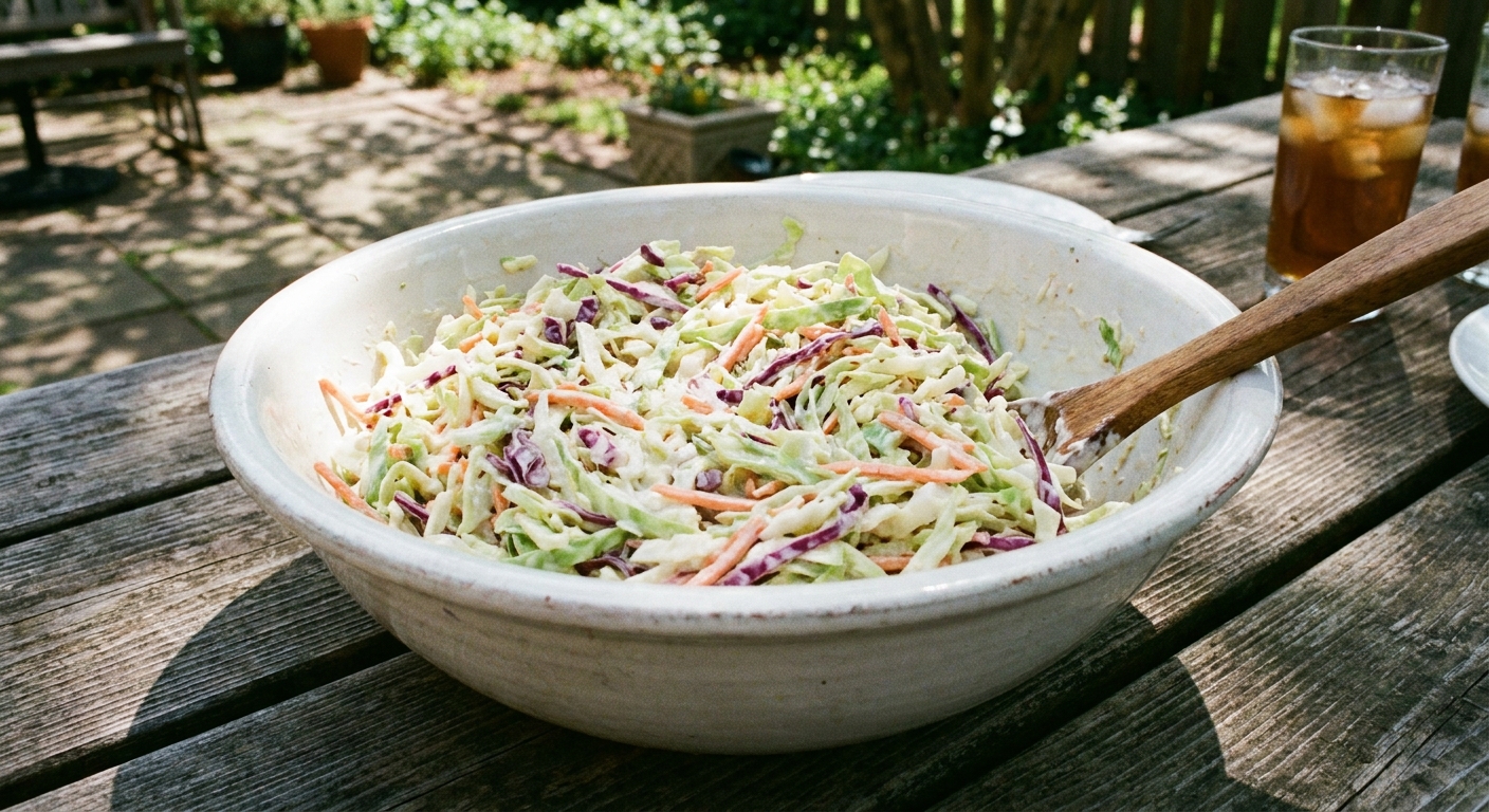 A real photo of a large white bowl filled with creamy coleslaw, with visible shreds of green cabbage, purple cabbage, and carrots, sitting on a wooden outdoor table in natural light