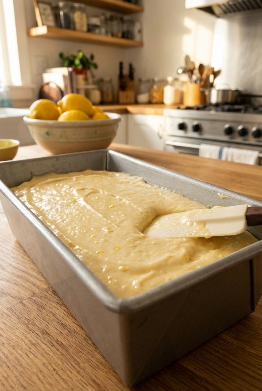 A real photo of a loaf pan filled with lemon pound cake batter, the surface smoothed with a spatula