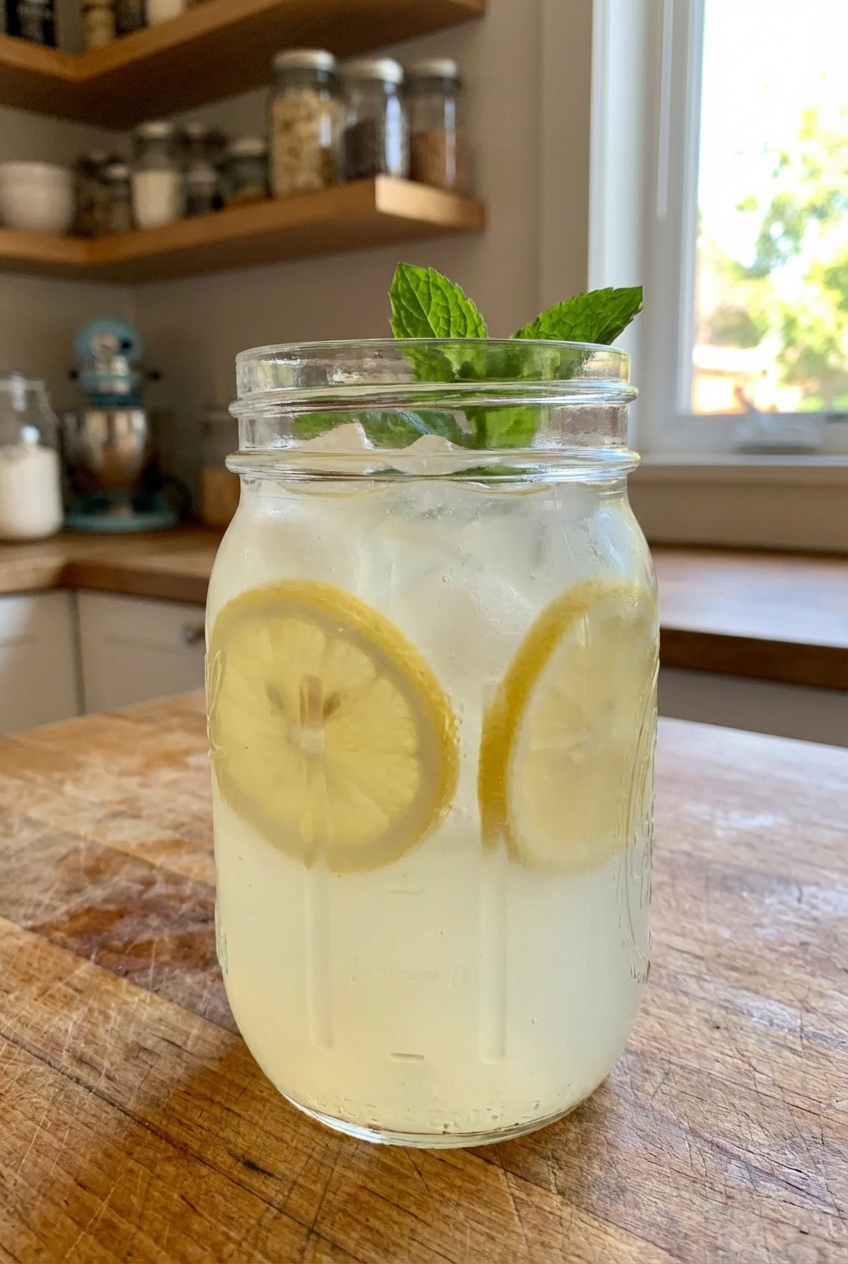 A real photo of a mason jar filled with homemade lemonade with lemon slices