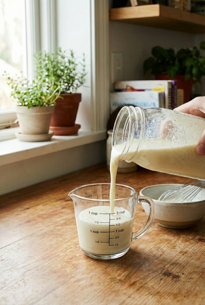A real photo of a mason jar of homemade buttermilk being poured into a measuring cup on a kitchen counter