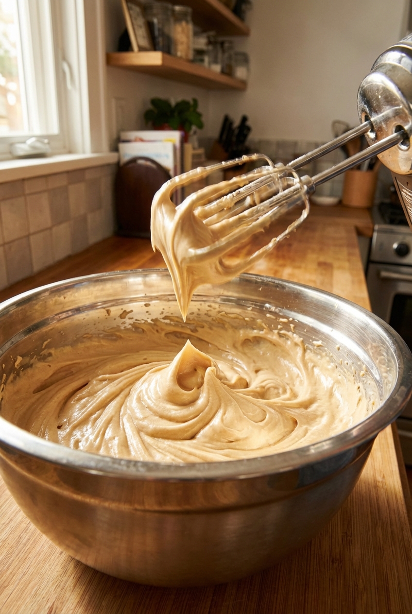 A real photo of a metal mixing bowl with fluffy browned butter icing being whipped with a hand mixer, showing smooth peaks and a creamy tan color