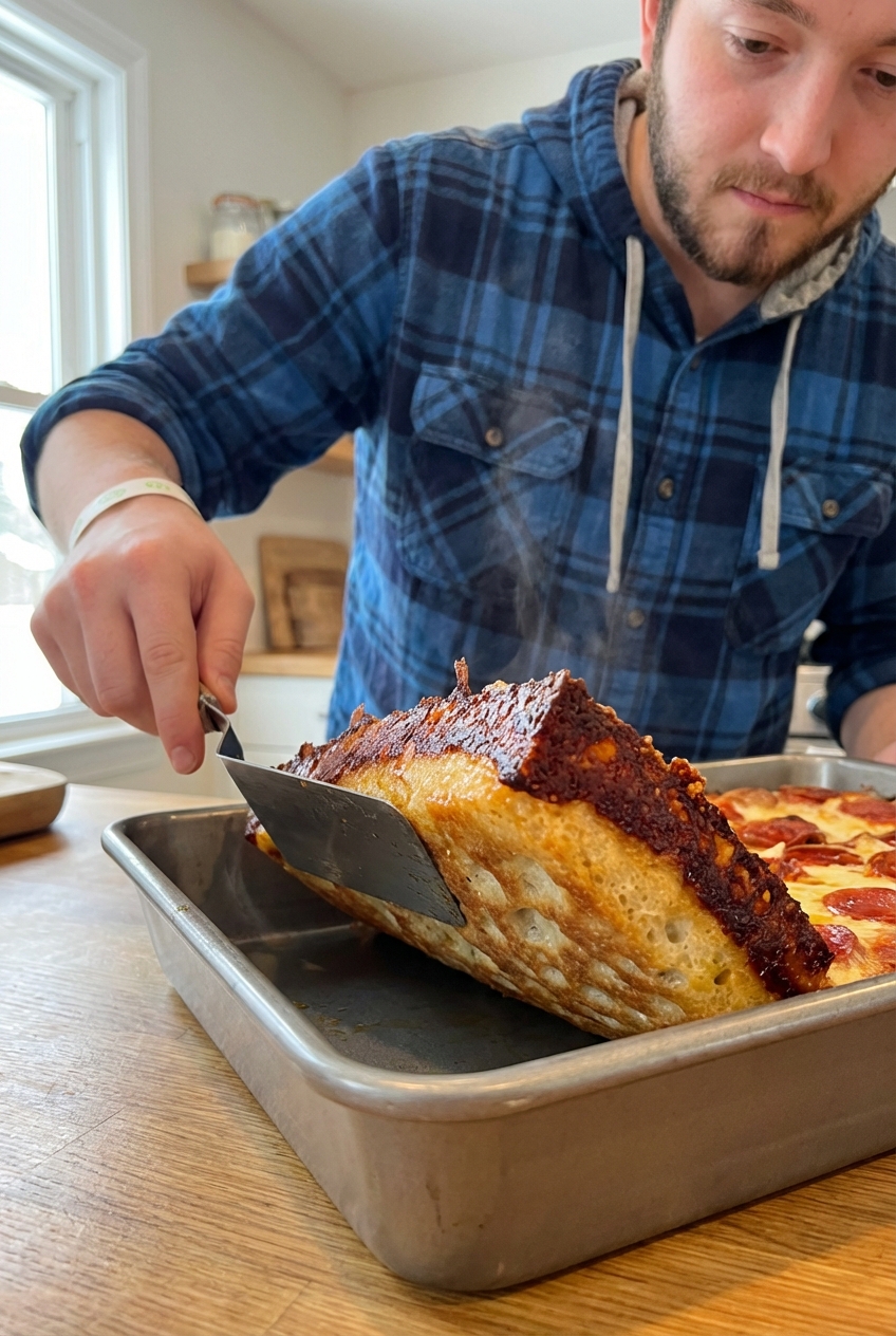 A real photo of a metal spatula lifting the edge of a Detroit-style pizza from a rectangular pan, showing caramelized cheese crust