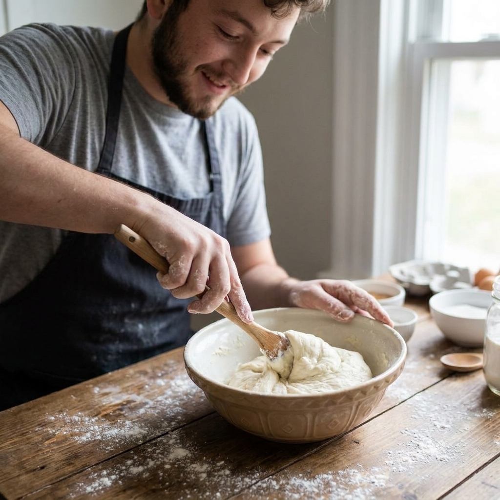 A real photo of a mixing bowl with soft bao dough being mixed by hand with a wooden spoon on a kitchen counter, flour scattered nearby
