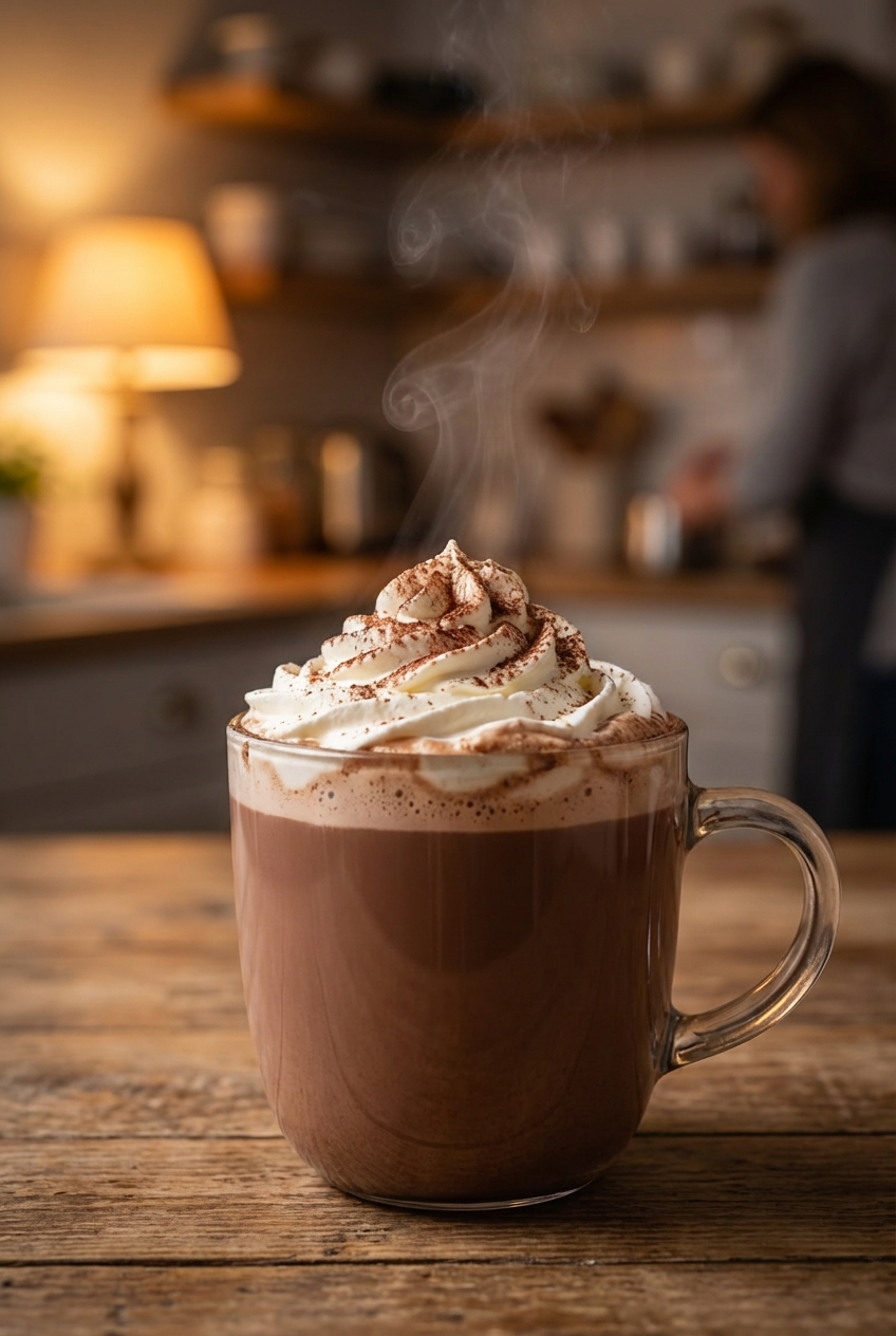 A real photo of a mug of hot cocoa with whipped topping on top