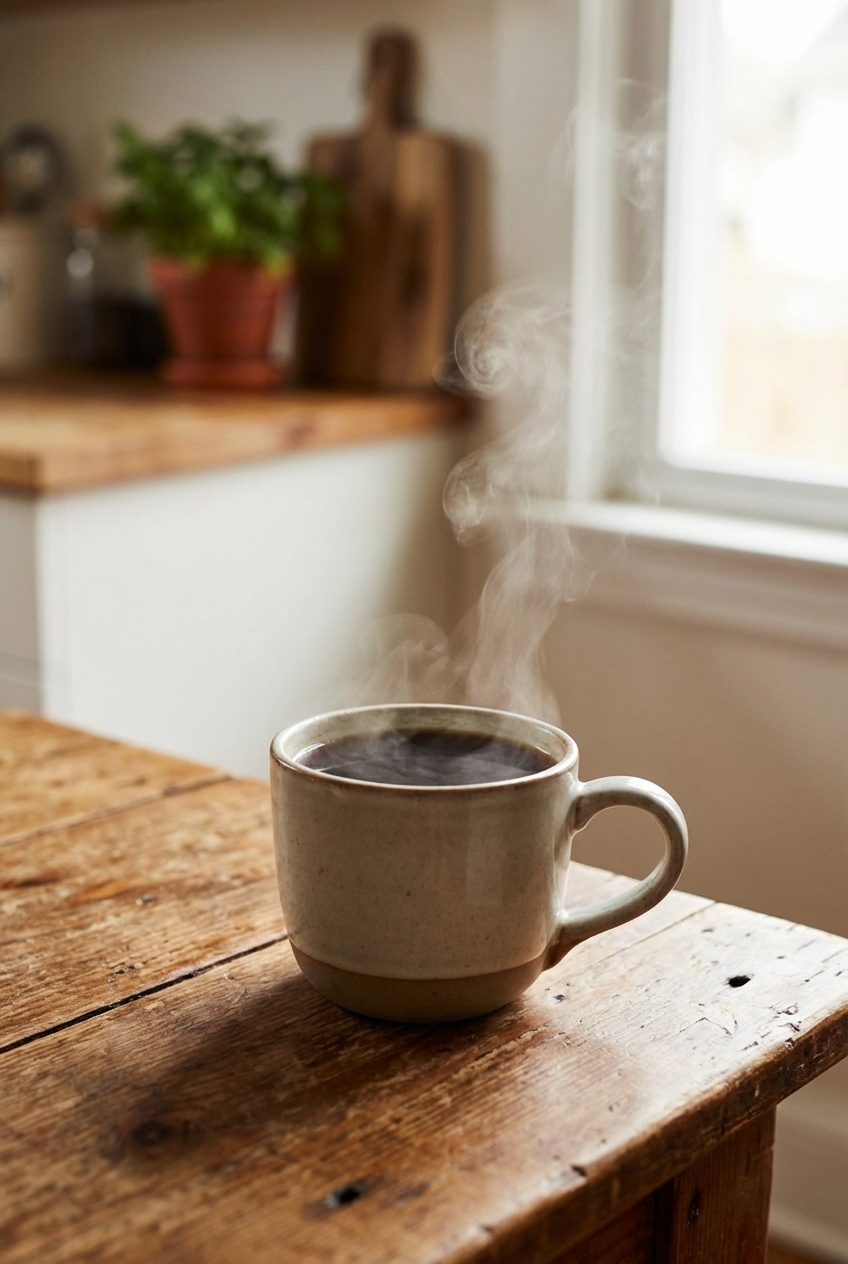 A real photo of a mug of hot coffee on a wooden table
