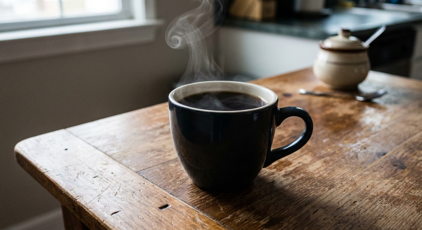 A real photo of a mug of hot coffee with a light swirl of steam on a wooden table