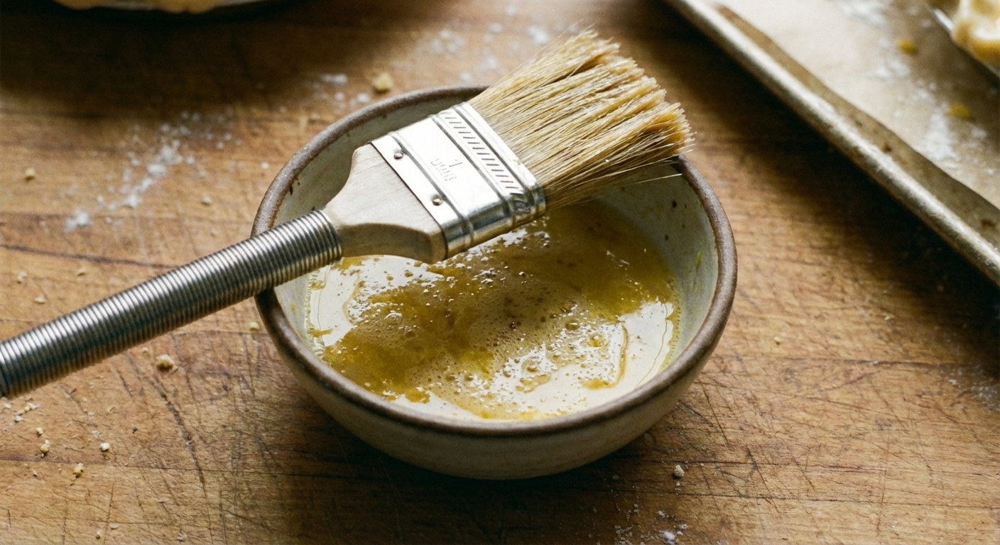 A real photo of a pastry brush resting on the edge of a small bowl filled with egg wash on a kitchen counter