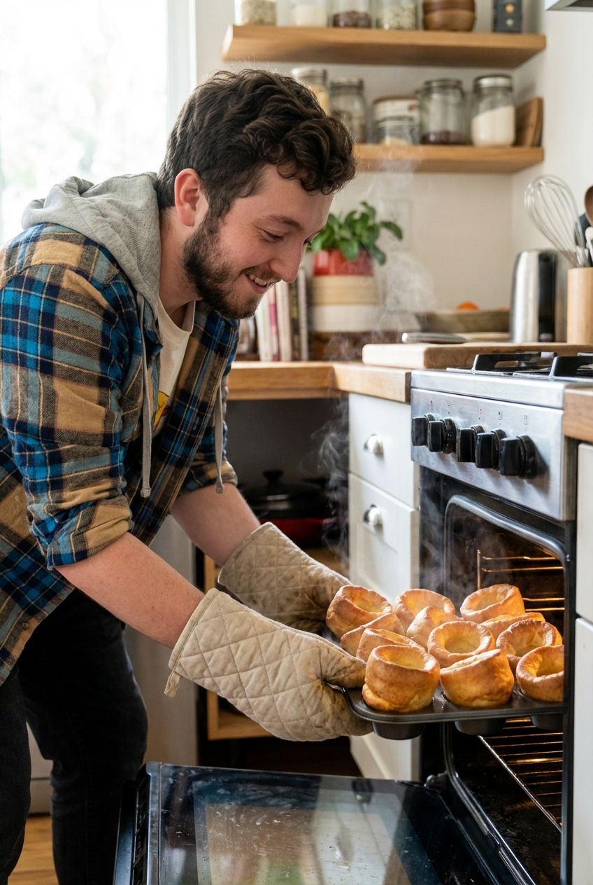 A real photo of a person pulling a muffin tin of tall, golden Yorkshire puddings from the oven with oven mitts