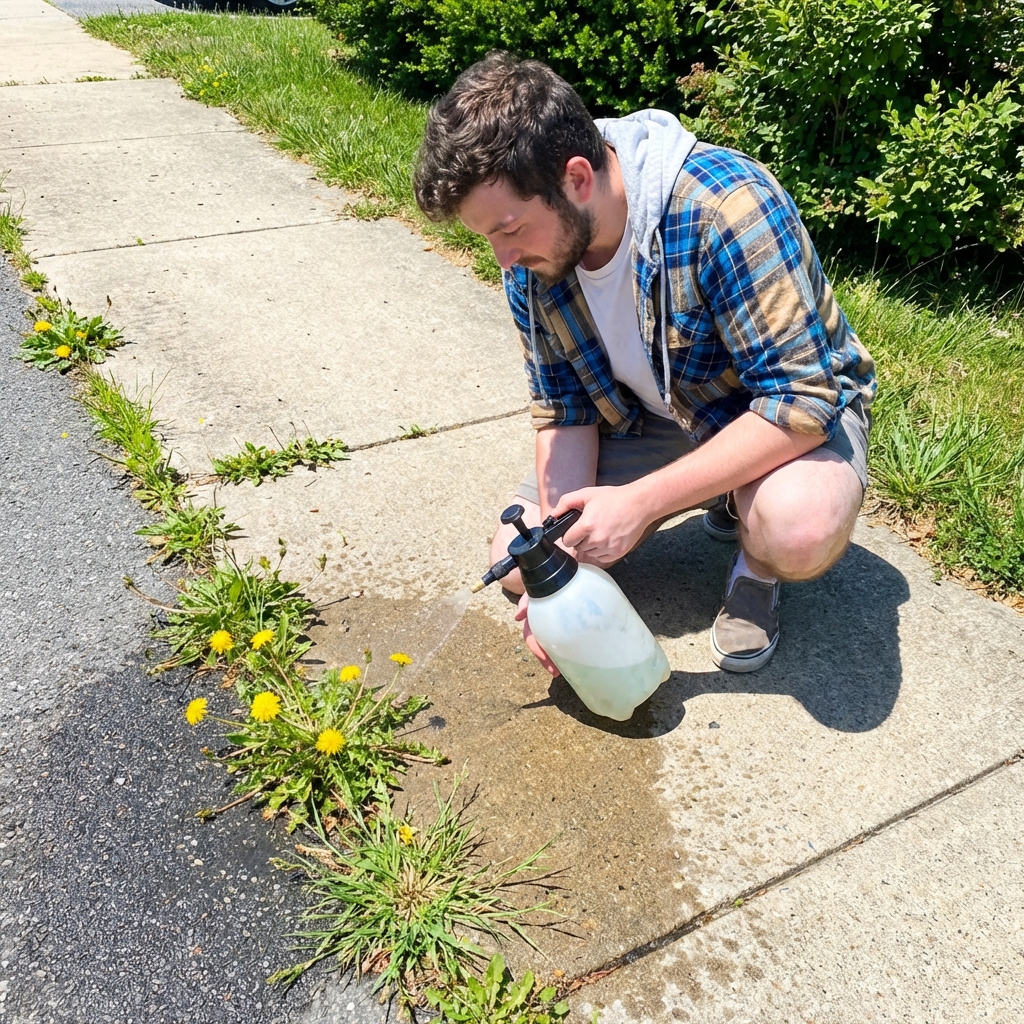 A real photo of a person spraying a homemade solution onto weeds growing along a concrete sidewalk edge on a sunny day