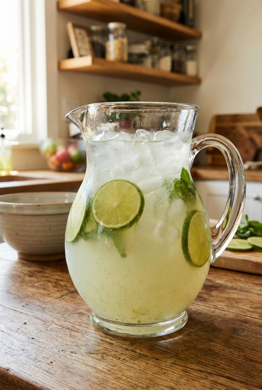 A real photo of a pitcher of homemade agua fresca with lime slices