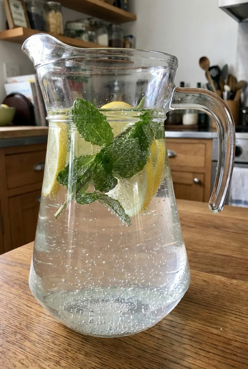 A real photo of a pitcher of sparkling lemon water with mint