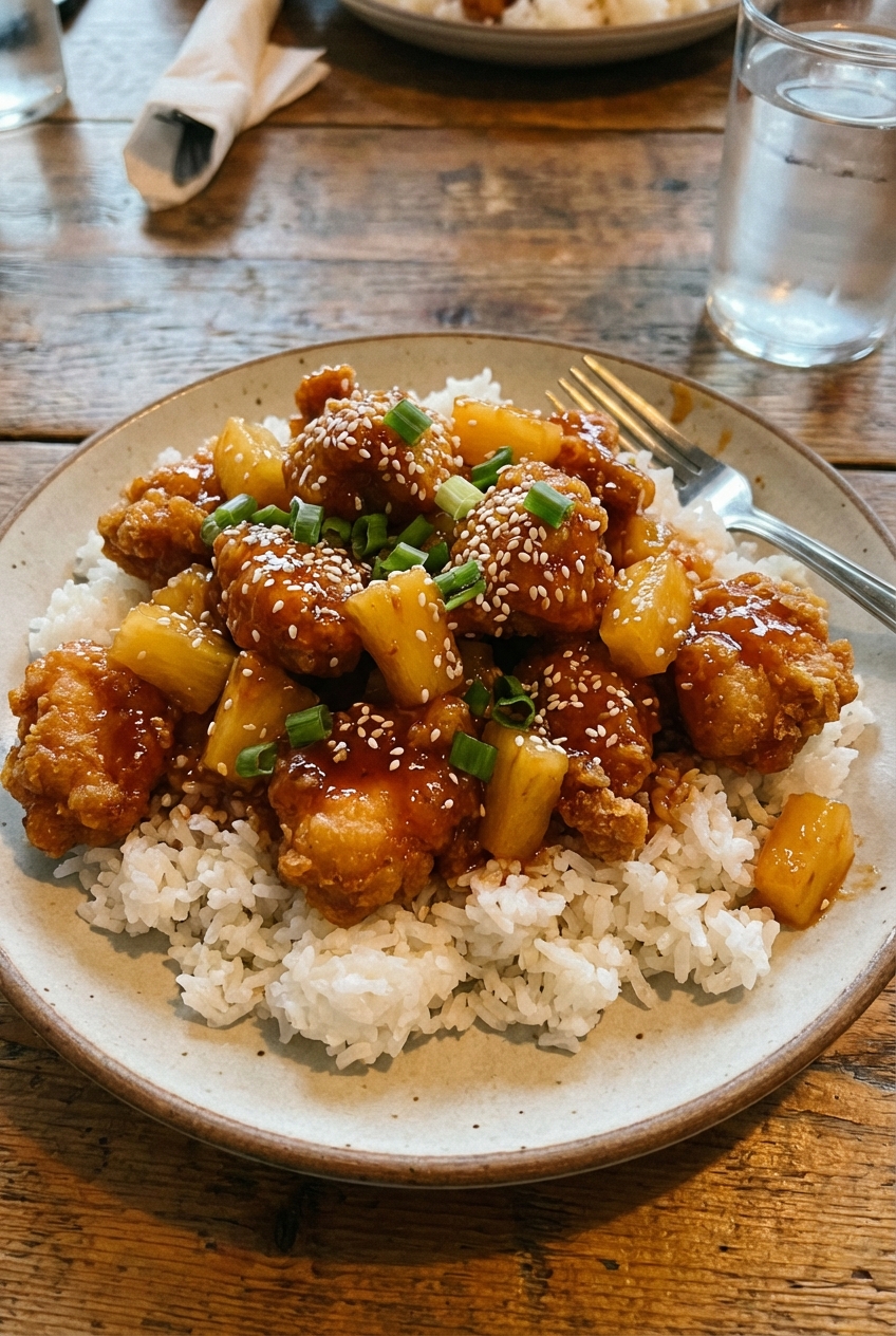 A real photo of a plate of crispy pineapple chicken served over white rice with pineapple chunks and sesame seeds