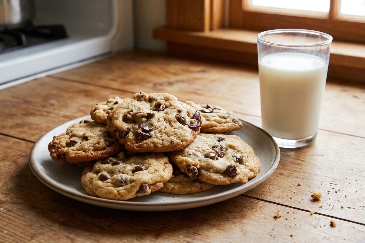 A real photo of a plate stacked with freshly baked Toll House-style chocolate chip cookies on a wooden table with a glass of milk nearby